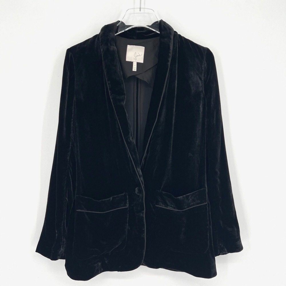 Joie Blazer Jacket ‎ Womens S Black Oversized Silk Velvet Business Sexy Career